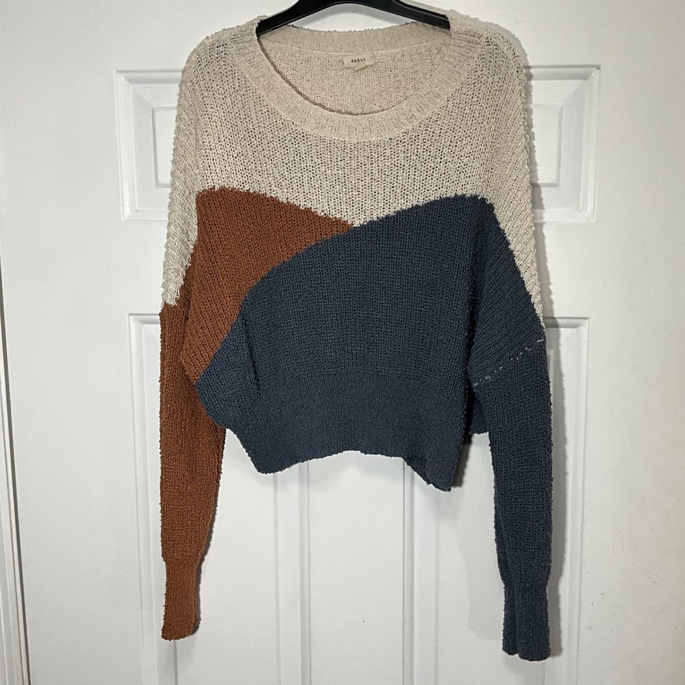 Debut Colorblock Knit Cropped Sweater Blue Rust Cream STA490 Womens Medium